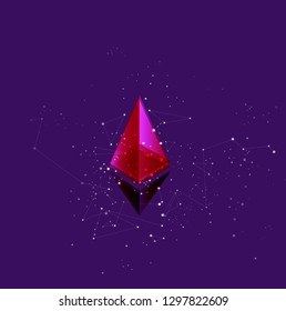 Concept of mining of ethereum cryptocurrency. Symbol among the particles