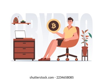 The concept of mining and extraction of bitcoin. The guy sits in a chair and holds a bitcoin coin in his hands. Character with a modern style.