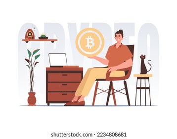 The concept of mining and extraction of bitcoin. The guy sits in a chair and holds a bitcoin in his hands. Character with a modern style.