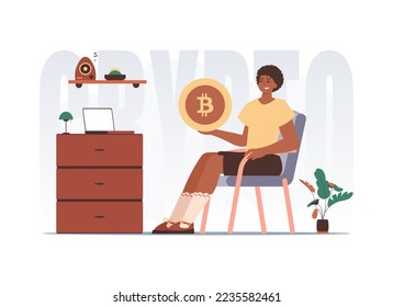 The concept of mining and extraction of bitcoin. The guy sits in a chair and holds a bitcoin in the form of a coin in his hands. Character in trendy style.