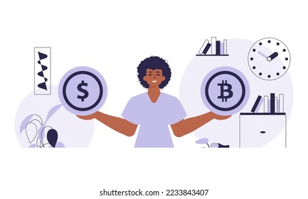 The concept of mining and extraction of bitcoin. A man holds a bitcoin and a dollar in his hands. Character in trendy style.