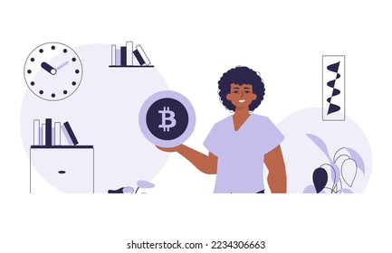 The concept of mining and extraction of bitcoin. A man holds a bitcoin in his hands. Character in trendy style.