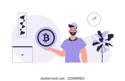 The concept of mining and extraction of bitcoin. A man holds a bitcoin in the form of a coin in his hands. Character with a modern style.