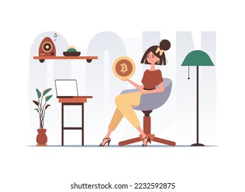 The concept of mining and extraction of bitcoin. A woman sits in a chair and holds a bitcoin coin in her hands. Character in trendy style.