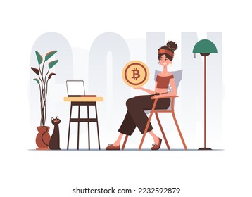 The concept of mining and extraction of bitcoin. A woman sits in a chair and holds a bitcoin in her hands. Character in modern trendy style.