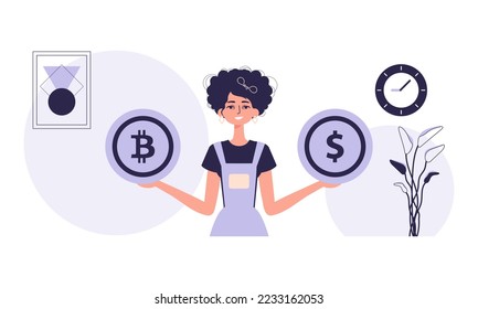 The concept of mining and extraction of bitcoin. A woman holds a bitcoin and a dollar in her hands. Character in modern trendy style.