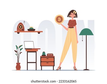 El concepto de minería y extracción de bitcoin. Una mujer sostiene una moneda de bitcoin en sus manos. Carácter con un estilo moderno.