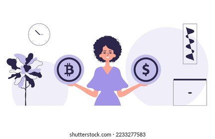 The concept of mining and extraction of bitcoin. A woman holds a bitcoin and a dollar in her hands. Character with a modern style.