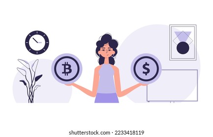 The concept of mining and extraction of bitcoin. A woman holds a bitcoin and a dollar in her hands. Character in trendy style.