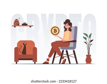 The concept of mining and extraction of bitcoin. A woman sits in a chair and holds a bitcoin in her hands. Character with a modern style.
