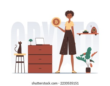 The concept of mining and extraction of bitcoin. A woman holds a bitcoin in her hands in the form of a coin. Character in trendy style.