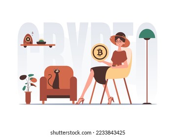 El concepto de minería y extracción de bitcoin. Una mujer se sienta en una silla y sostiene una moneda de bitcoin en sus manos. Carácter con un estilo moderno.