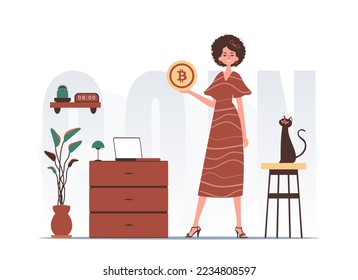 The concept of mining and extraction of bitcoin. A woman holds a bitcoin in her hands in the form of a coin. Character in modern trendy style.