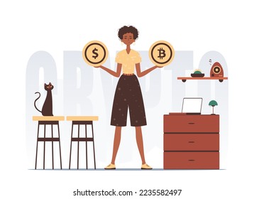 El concepto de minería y extracción de bitcoin. Una mujer sostiene en sus manos una moneda de bitcoin y un dólar en forma de monedas. El carácter es moderno y de diseño.