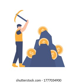 the concept of mining money, collect money, effort. illustration of a man holding pickaxe to get coins in stone. flat design. can be used for elements, landing pages, UI, websites