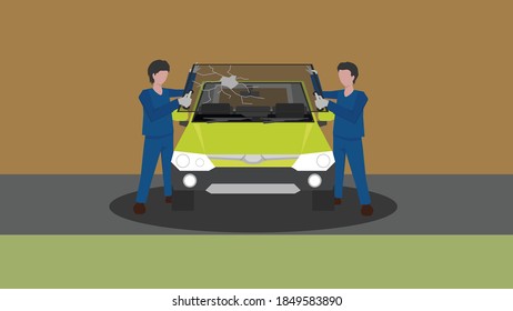 Concepto Espejo de daño en el coche. El mecánico saca el vidrio dañado del auto.