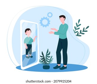 Concept of mirror reflexion. Character evaluates his reflection, adult looks at himself in his youth. Metaphor of inner child, childrens psychological problems. Cartoon flat vector illustration