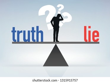 Concept of misinformation with a man who seeks and hesitates to choose between lying and truth