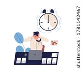 Concept of missing deadline, bad time management. Scene of tired, furious, stressed man clutch head, alarming clock. Time waste at work. Flat vector cartoon illustration isolated on white background