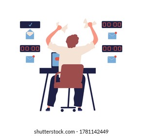 Concept of missing deadline, bad time management. Scene of tired, frustrated, furious, stressed man crumples papers. Time waste at work. Flat vector cartoon illustration isolated on white background