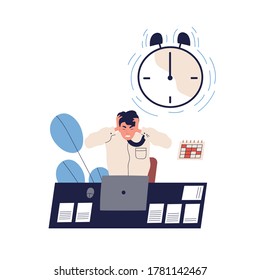 Concept of missing deadline, bad time management. Scene of tired, furious, stressed man clutch head, alarming clock. Time waste at work. Flat vector cartoon illustration isolated on white background