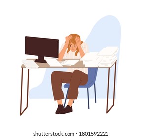 Concept of missing deadline and bad time management. Scene of tired, fatigue, stressed woman who clutch head sitting at computer table with stacks of paper. Flat vector cartoon illustration