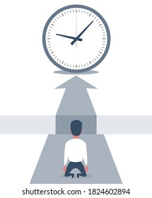 Concept of missing deadline, bad time management. Scene of tired, nervous, stressed man at work. Sad businessman kneeling over big gap on way with big clock. Big fail. Flat vector cartoon illustration