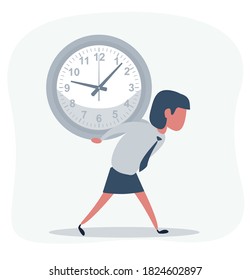 Concept of missing deadline, bad time management. Scene of tired, nervous, stressed female at work. Sad businesswoman carrying a big clock . Big fail. Flat vector cartoon illustration