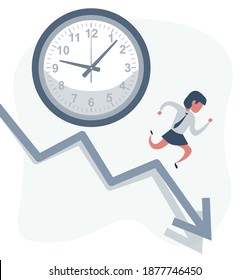 Concept of missing deadline, bad time management. Scene of tired, nervous, stressed female at work. Sad businesswoman running away from a big clock . Big fail. Flat vector cartoon illustration