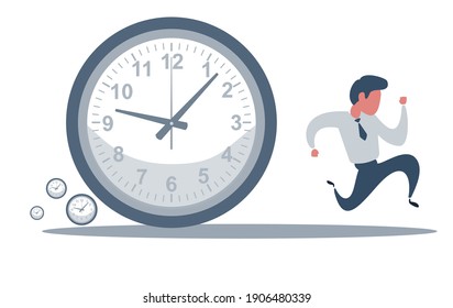 Concept of missing deadline, bad time management. Scene of tired, nervous, stressed male at work. Sad businessman running away from a big clock . Big fail. Flat vector cartoon illustration
