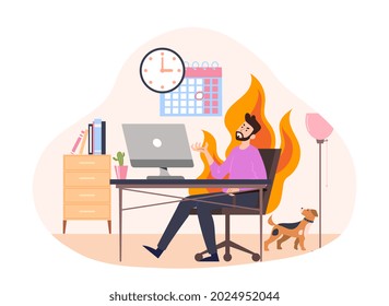 Concept of missing deadline. Character doing badly with time management. Scene with a frightened, nervous and worried man sitting in chair at workplace. Flat ilustration isolated on white background