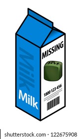 Concept: missing luggage. Milk carton with a notice of a missing suitcase.