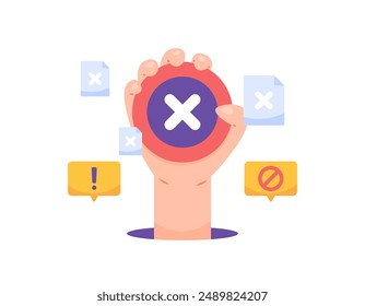 concepto de error, prohibición, rechazo, falso. resultados de trabajo erróneos. ilustración de las manos sosteniendo un símbolo de cruz, con símbolos de advertencia y prohibición. diseño de estilo plano. Elementos gráficos