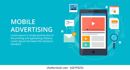 Concept for Mobile advertising, Mobile media, personalized marketing flat vector banner with icons and texts