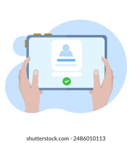 Concepto de Cuenta de App móvil registrado con éxito, Inicio de sesión exitoso a través del teléfono inteligente. Elementos gráficos modernos para información de interfaz de usuario emergente, infografías, iconos, Ilustración vectorial de diseño plano.