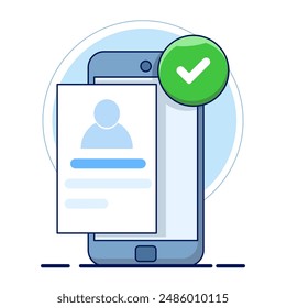 Concepto de Cuenta de App móvil registrado con éxito, Inicio de sesión exitoso a través del teléfono inteligente. Elementos gráficos modernos para información de interfaz de usuario emergente, infografías, iconos, Ilustración vectorial de diseño plano.