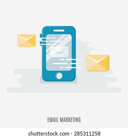 Concept of mobile app email marketing and promotion. Flat style. Vector Illustration.