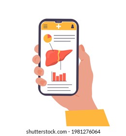 Concept of mobile app on screen explaining Liver Human Organ. Online liver check up examination. Medical application. Consulting Doctor on Internet. A hand holding mobile phone. Flat Cartoon Vector.