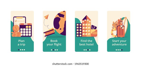 The concept of a mobile app for travel planning. Organizing your own tour or through a travel agency, booking flights, choosing a hotel and entertainment. Flat vector illustration.