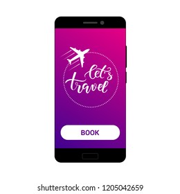 Concept of mobile application for booking tickets to travel. Icon aircraft with its track on the screen of a smartphone with modern violet gradient background. Vector illustration.