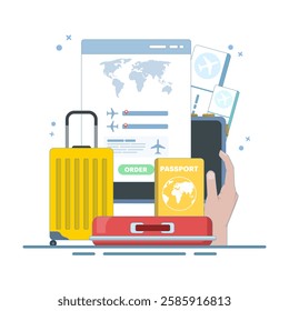 Concept Mobile application for buying tickets with a smartphone. Booking airline tickets. Planet Earth, airline tickets and luggage. Travel, business trip. Flat vector illustration on the background.