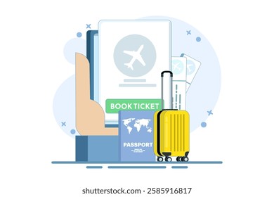 Concept Mobile application for buying tickets with a smartphone. Booking airline tickets. Planet Earth, airline tickets and luggage. Travel, business trip. Flat vector illustration on the background.