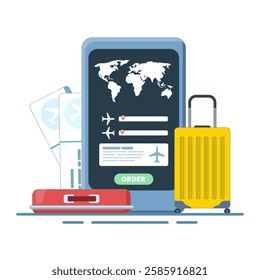 Concept Mobile application for buying tickets with a smartphone. Booking airline tickets. Planet Earth, airline tickets and luggage. Travel, business trip. Flat vector illustration on the background.
