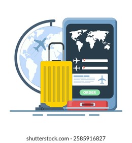 Concept Mobile application for buying tickets with a smartphone. Booking airline tickets. Planet Earth, airline tickets and luggage. Travel, business trip. Flat vector illustration on the background.