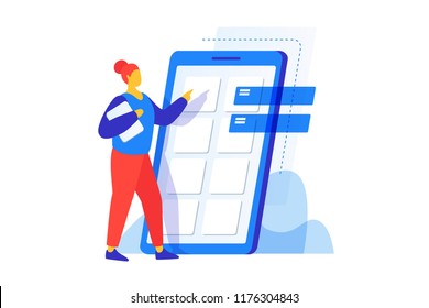 The concept of mobile application development. The process of building a smartphone interface. Prototyping and testing. Vector illustration.