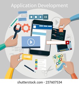 Concept for mobile application development, teamwork, brainstorm, cooperation with hands working on a smartphone navigation, screen interface, social media,  services