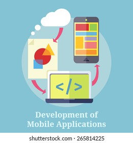 Concept for mobile application development, teamwork, brainstorm, cooperation working on a smartphone navigation, screen interface, social media, services. Page with code