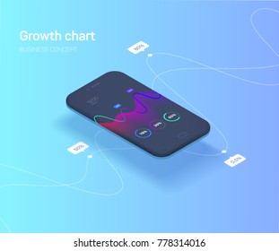 The concept of a mobile application with a graph of growth indicators, colorful Infographic