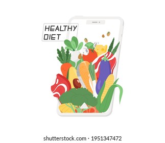 Concepto de una aplicación móvil con un pedido de comida en línea o aplicación de entrega de comida. Ilustración vectorial plana.
Nutrición equilibrada, alimentación saludable, productos dietéticos, productos orgánicos.