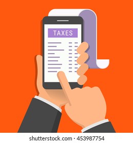 Concept of mobile application for taxes. One hand holds smartphone and finger touch screen. Flat design vector illustration